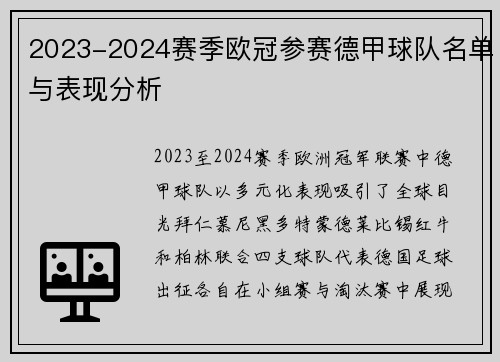 2023-2024赛季欧冠参赛德甲球队名单与表现分析